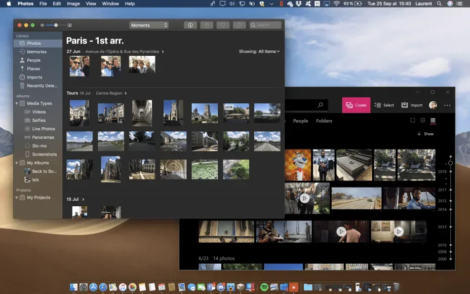 macOS Photos in dark grey overlapping the Windows 10 Photos app, which is pure black
