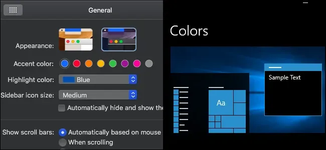 macOS General preferences with light and dark Appearance swatches beside the pure-black Windows 10 Colors page