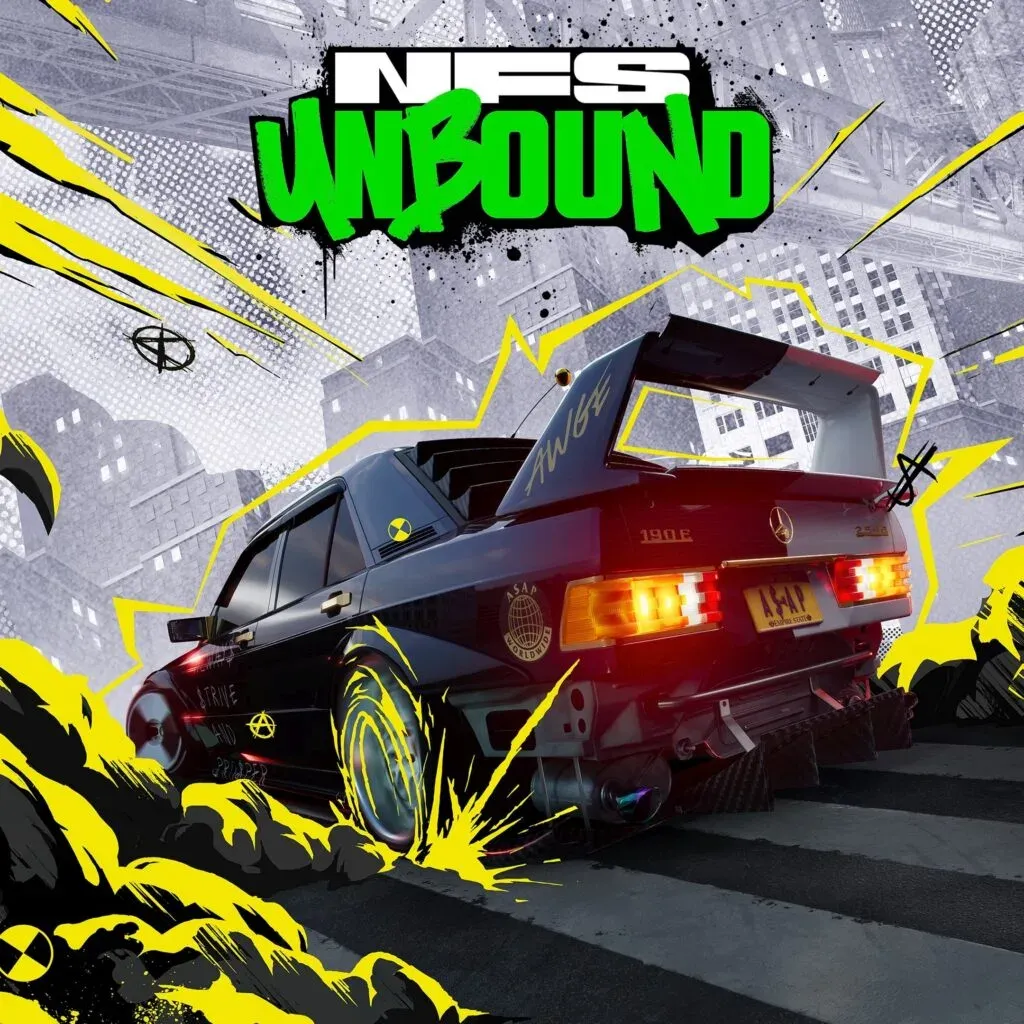 Cover art: a black Mercedes 190E burning out, cartoon yellow graffiti effects over a grey city
