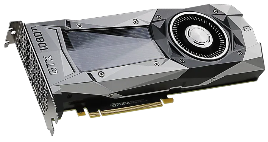 Founders Edition card against white, faceted silver shroud with a single round blower fan