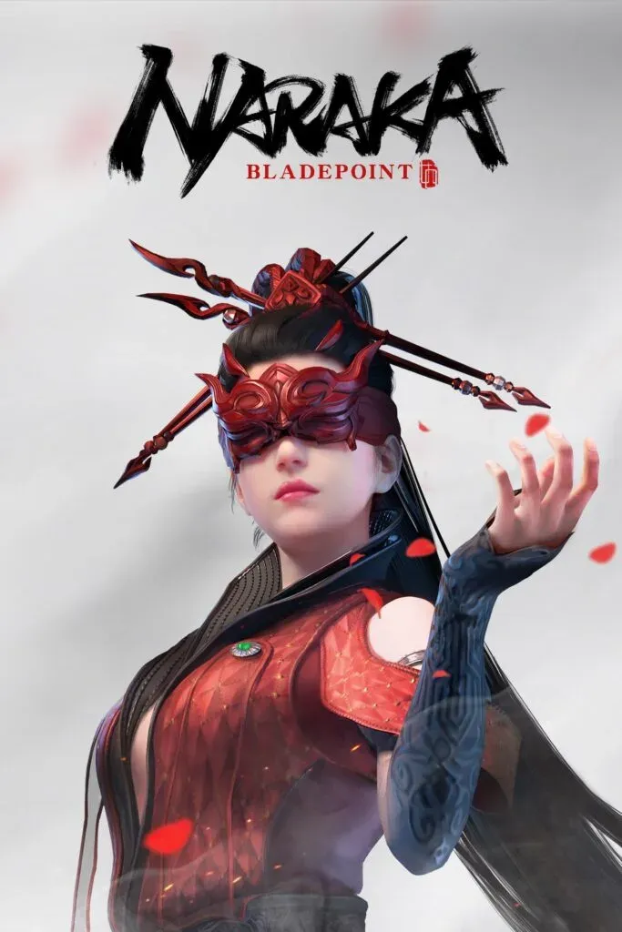 Cover art: a fighter in a carved red mask, blades pinned through her topknot, red petals drifting past