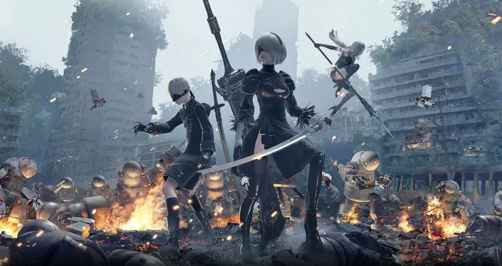 Three blindfolded androids in black, swords drawn, standing over wrecked machines in an overgrown ruined city