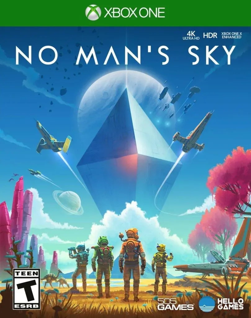 No Man's Sky Xbox One box art, four spacesuited explorers watching ships circle a giant floating monolith