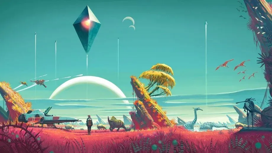 Lone explorer on red grass watching alien creatures graze, a floating black diamond and ringed planet beyond