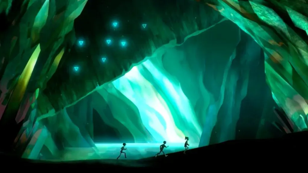 Three silhouetted teenagers running along the floor of a glowing green cave, blue triangles hovering overhead