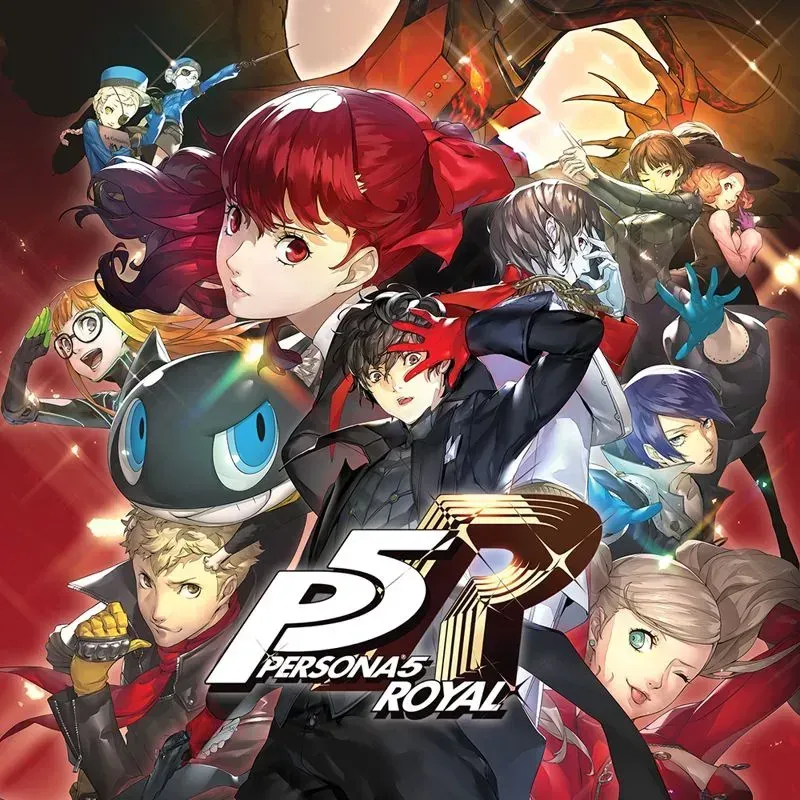 Anime cast in black masked-thief outfits crowded against red, a blue-eyed cat mascot front and centre