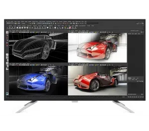 Wide monitor on a slim stand, screen tiled with four windows of a 3D car-modelling app