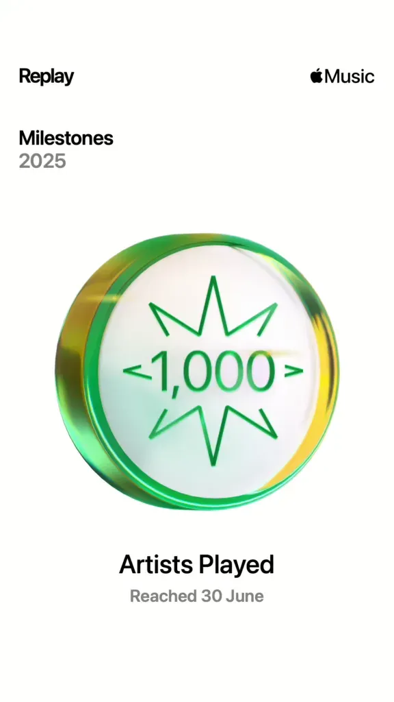 Green badge, 1,000 artists played, reached 30 June