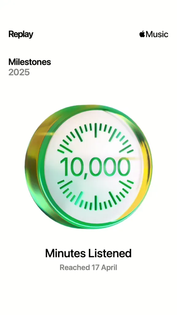 Green badge, 10,000 minutes listened, reached 17 April
