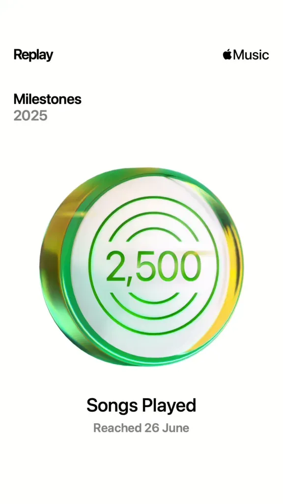 Green badge, 2,500 songs played, reached 26 June