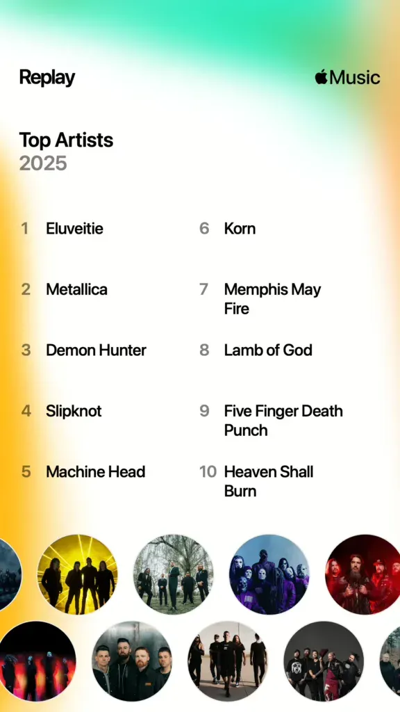 Replay top artists six to ten: Korn, Memphis May Fire, Lamb of God, Five Finger Death Punch, Heaven Shall Burn