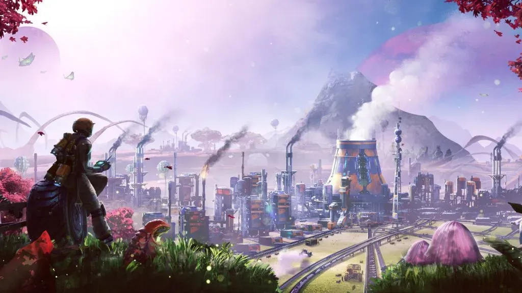 A pioneer looking out over a sprawling factory of chimneys, conveyors and rail on a pink alien plain