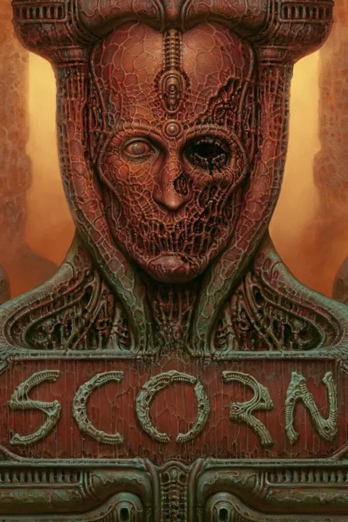 Cover art: a fleshy Giger-style bust with one hollow eye socket, the title carved in bone beneath it