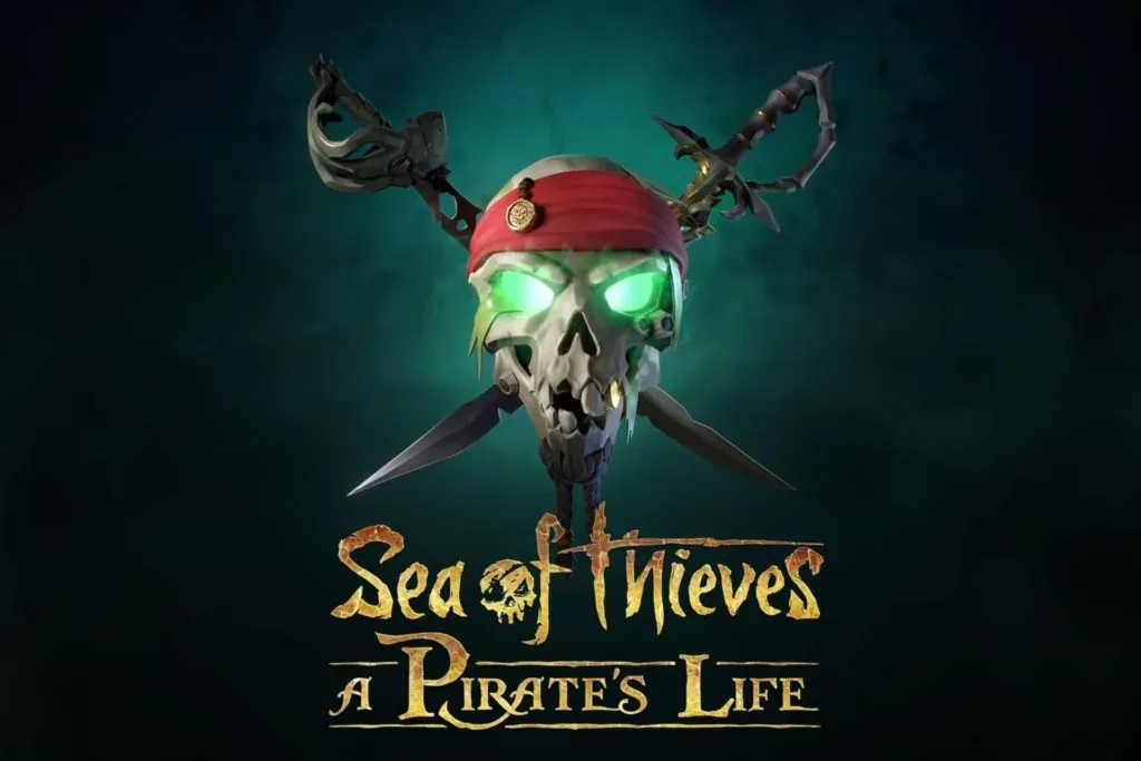 Sea of Thieves: A Pirate's Life logo, a red-bandana skull with glowing green eyes over crossed cutlasses
