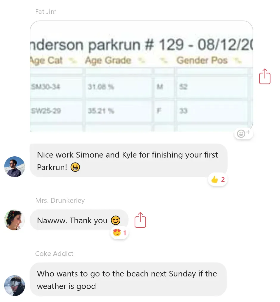 A group chat. Somebody has shared a parkrun results table, then a message reading "Nice work Simone and Kyle for finishing your first Parkrun!" with two thumbs up, a reply of "Nawww. Thank you", and then a change of subject: "Who wants to go to the beach next Sunday if the weather is good".