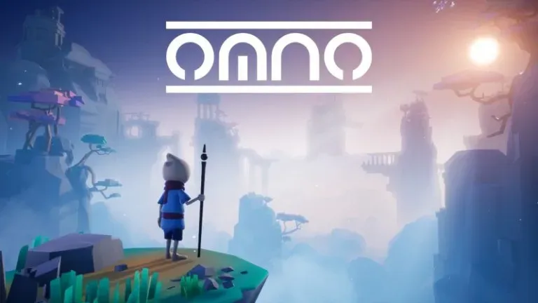 Omno key art, a small cloaked figure holding a staff on a ledge above ruins rising out of mist