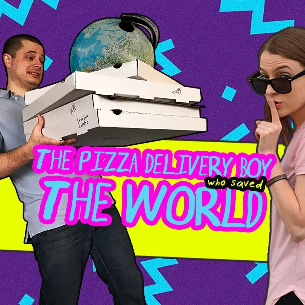 Cover art: a man carrying pizza boxes past a globe while a woman in sunglasses shushes, on nineties neon zigzags