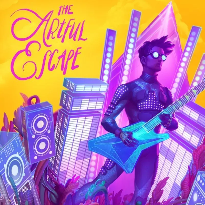 Cover art: a musician in mirrored shades playing a glowing blue guitar among skyscraper-sized amps