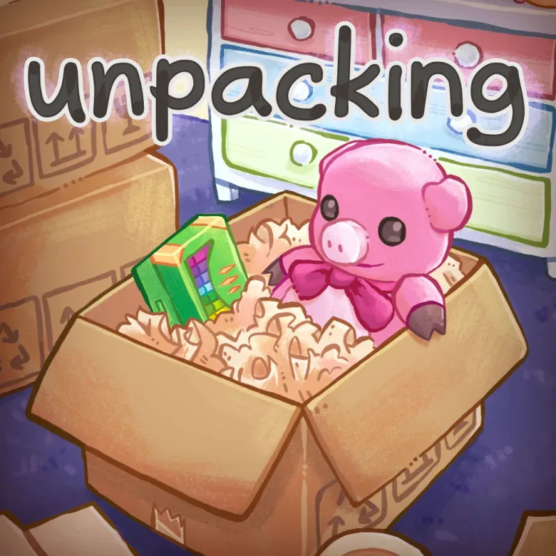 Cover art: a pink toy pig and a green handheld console sitting in an open packing box