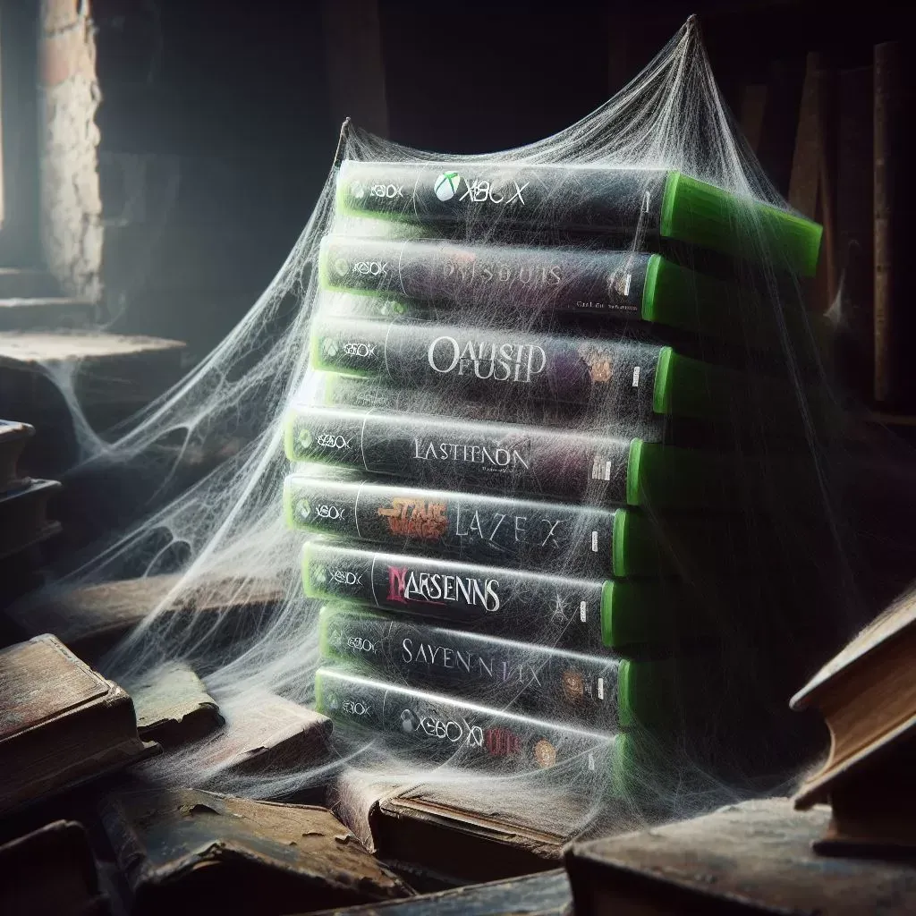 A short stack of Xbox cases tented in cobwebs by a grimy window, crumbling books either side