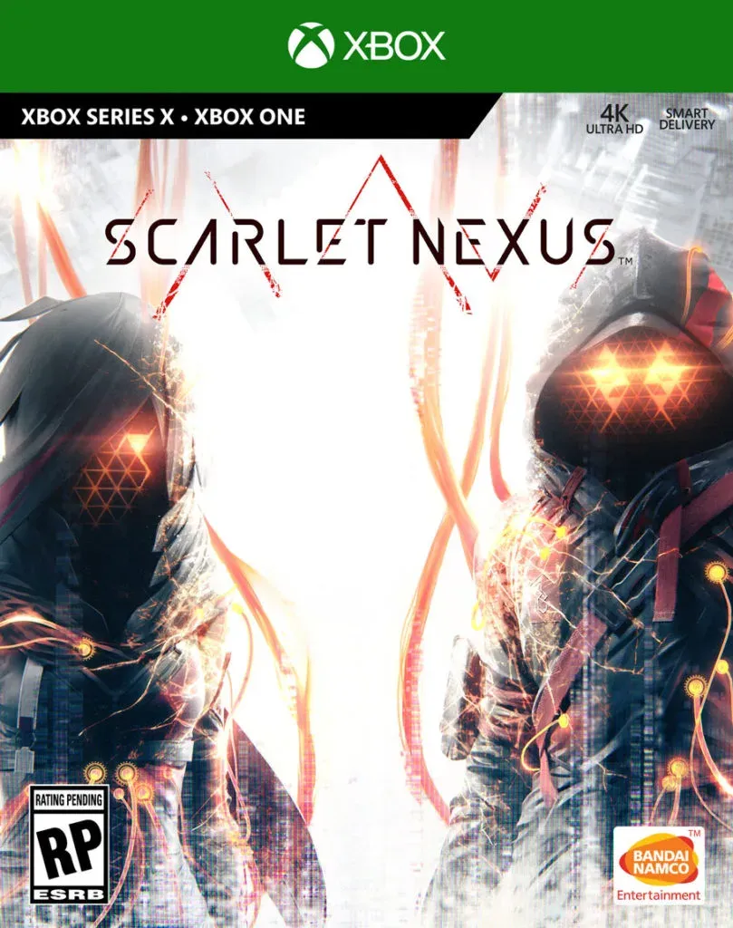 Scarlet Nexus Xbox box art, two hooded figures with glowing orange triangle masks against a blown-out white city