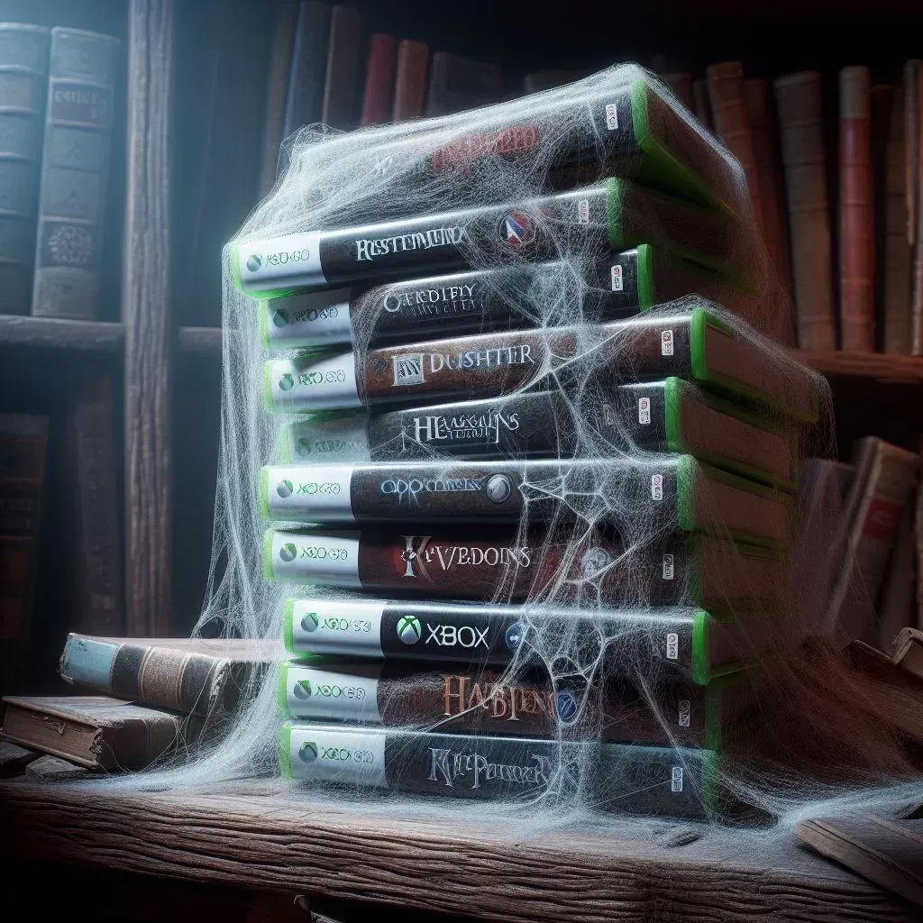 A stack of Xbox cases webbed over on an old wooden table in front of a bookcase