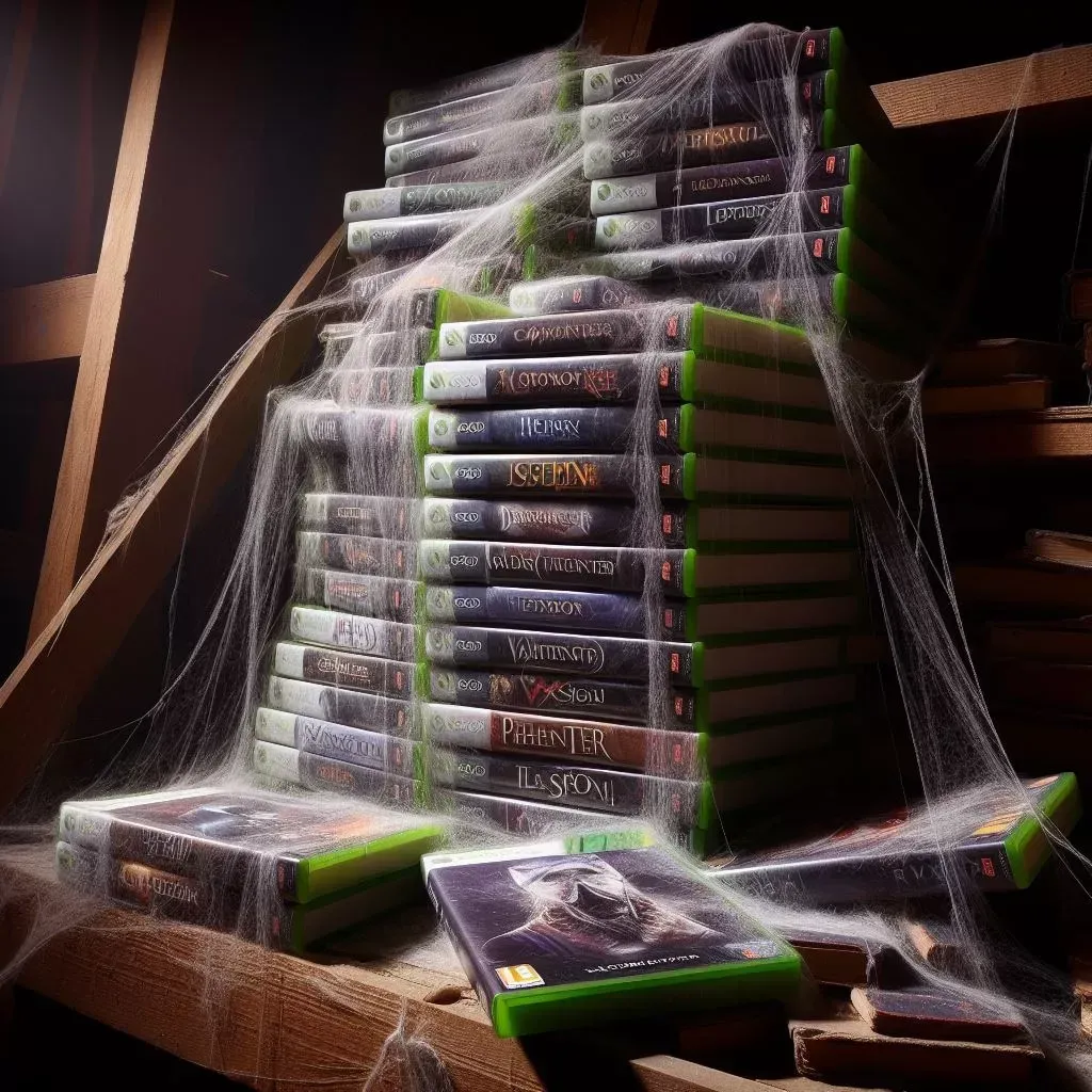 A towering staircase of green-spined Xbox game cases buried under thick cobwebs in a dark attic
