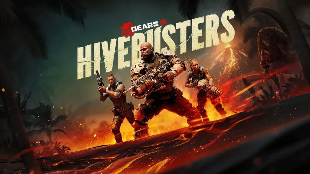 Gears 5: Hivebusters key art, three armed soldiers braced on cracked lava as a volcano erupts behind them