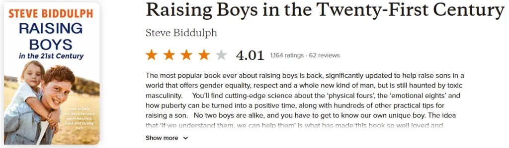 Goodreads listing for Raising Boys in the Twenty-First Century, rated 4.01 from 1,164 ratings