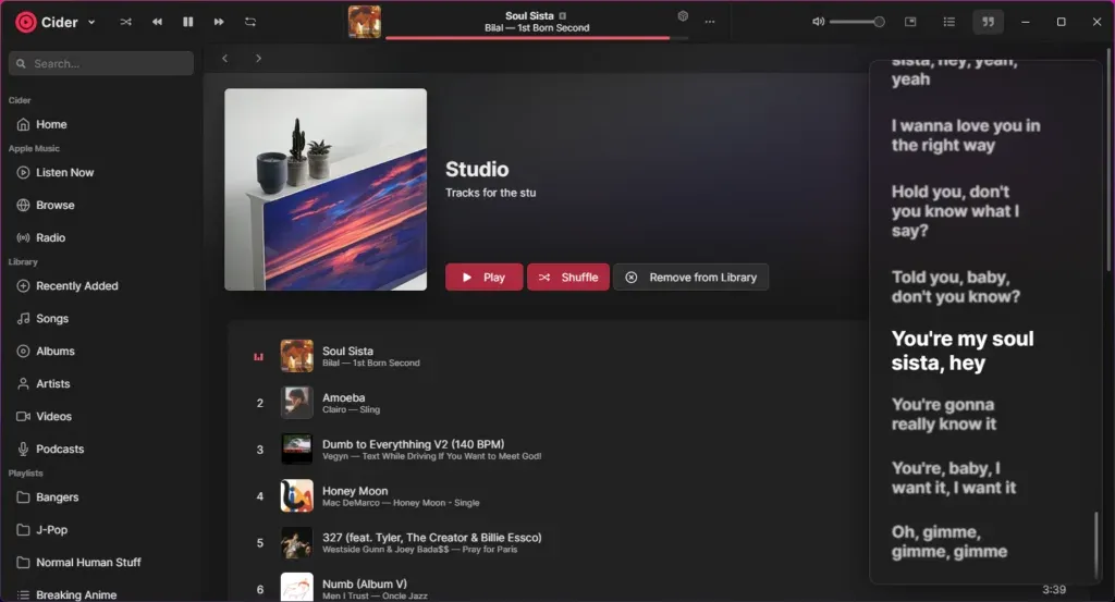 Cider playing a playlist called Studio, with a scrolling lyrics panel open down the right side