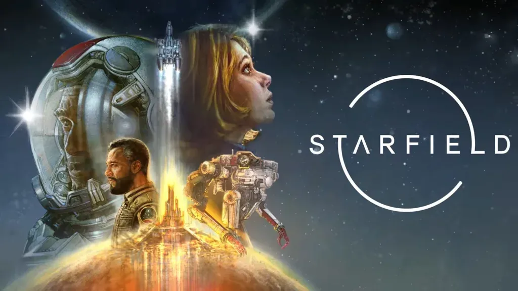 Key art: a woman gazing upward past an astronaut and a robot, a ship launching from a red planet below