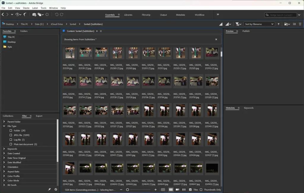 Adobe Bridge showing a sorted folder from the iCloud export: grid after grid of near identical thumbnails, most filenames appearing twice with a (1) suffix. The status bar reads 1,334 items.