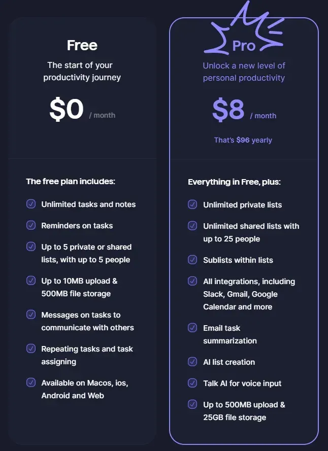 Superlist pricing: Free at $0 a month capped at 5 private or shared lists, Pro at $8 a month for unlimited