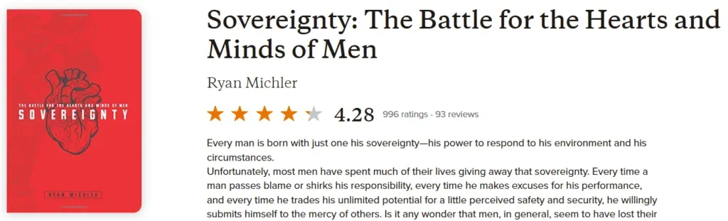 Goodreads entry for Sovereignty by Ryan Michler, rated 4.28 from 996 ratings, red cover with an anatomical heart