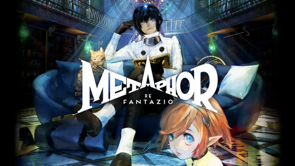 Key art: a blue-haired youth in an armchair with a book and a cat, an elf-eared girl in front, ornate library