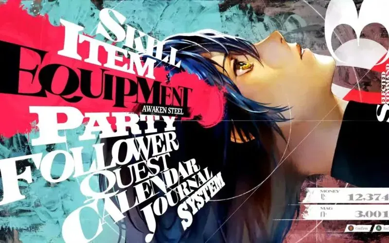 The pause menu, its options set in tilted display type over a face looking skyward, money 12,374 and MAG 3,001
