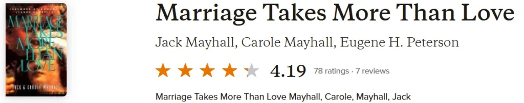Goodreads listing for Marriage Takes More Than Love, rated 4.19 from 78 ratings and 7 reviews