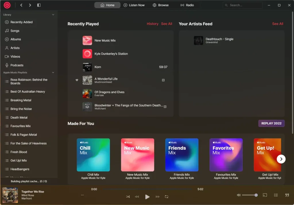 Cider's Home page with Recently Played, Your Artists Feed and Made For You mixes under a warm Mica tint