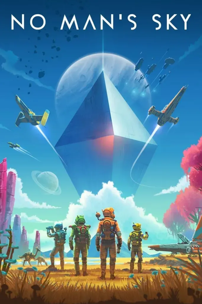 Cover art: four suited explorers on an orange alien plain watching a huge floating prism, ships streaking past