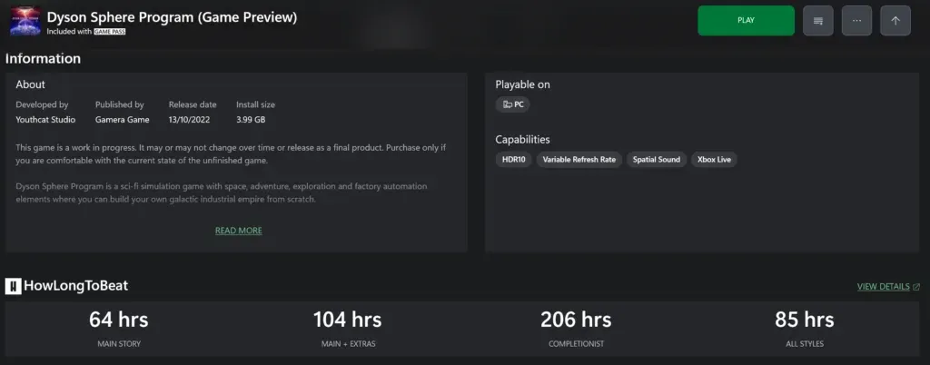 Xbox PC app store page with a built-in HowLongToBeat panel: 64 hrs main story, 104 with extras, 206 completionist
