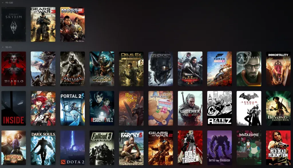 GOG Galaxy library sorted into score bands: three games at 95-100, then a full grid of 90-95