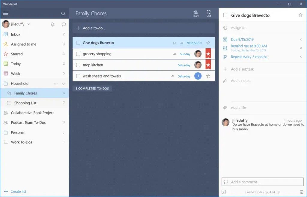 Wunderlist on Windows showing a Family Chores list with one task's due date, repeat, star and comment panel open