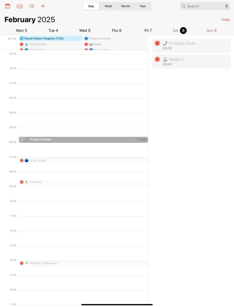 iPad calendar, week of 3 February 2025, undated reminders squeezed into the all-day strip and timed ones on the grid