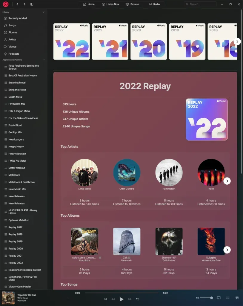 Cider's Replay 2022 page: 313 hours, 136 albums, 747 artists, 2240 songs, with Limp Bizkit top artist