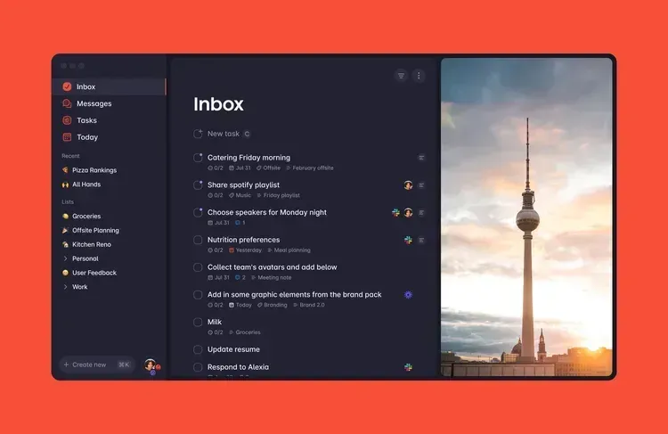 Superlist's Inbox of date- and tag-labelled tasks beside a sunset photo of a TV tower filling the right pane