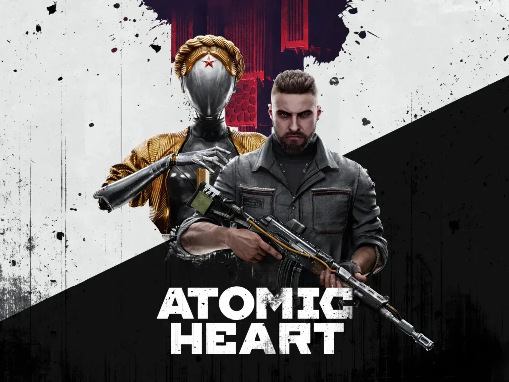 A bearded man holding a rifle in front of a gold-armoured robot with a red star on its forehead