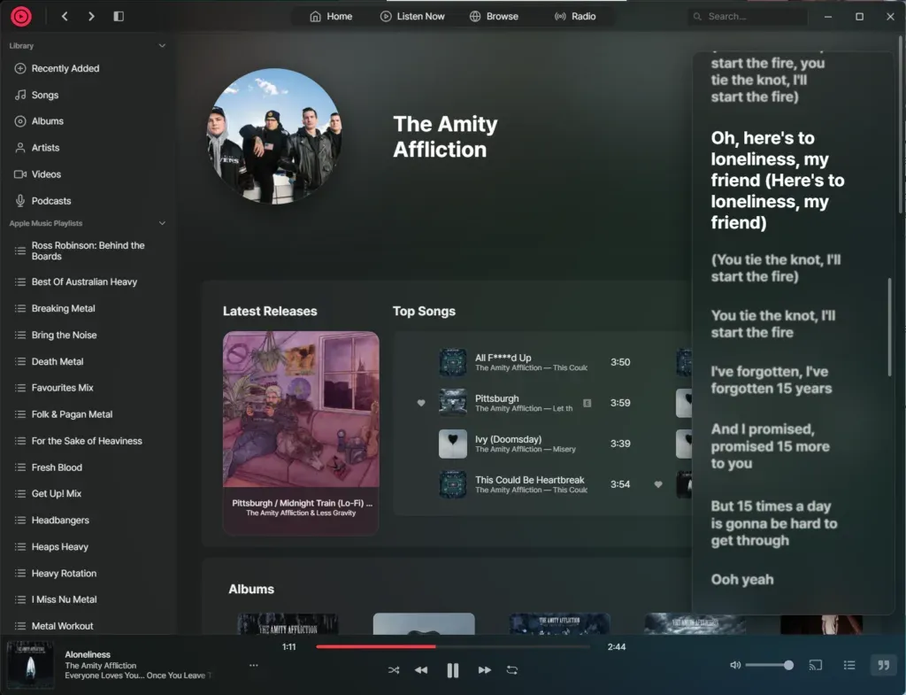 The Amity Affliction artist page, latest releases and top songs, with the lyrics panel keeping pace