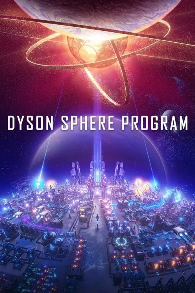 Cover art: a glowing factory sprawling across a planet, beams firing up to rings being built around a star