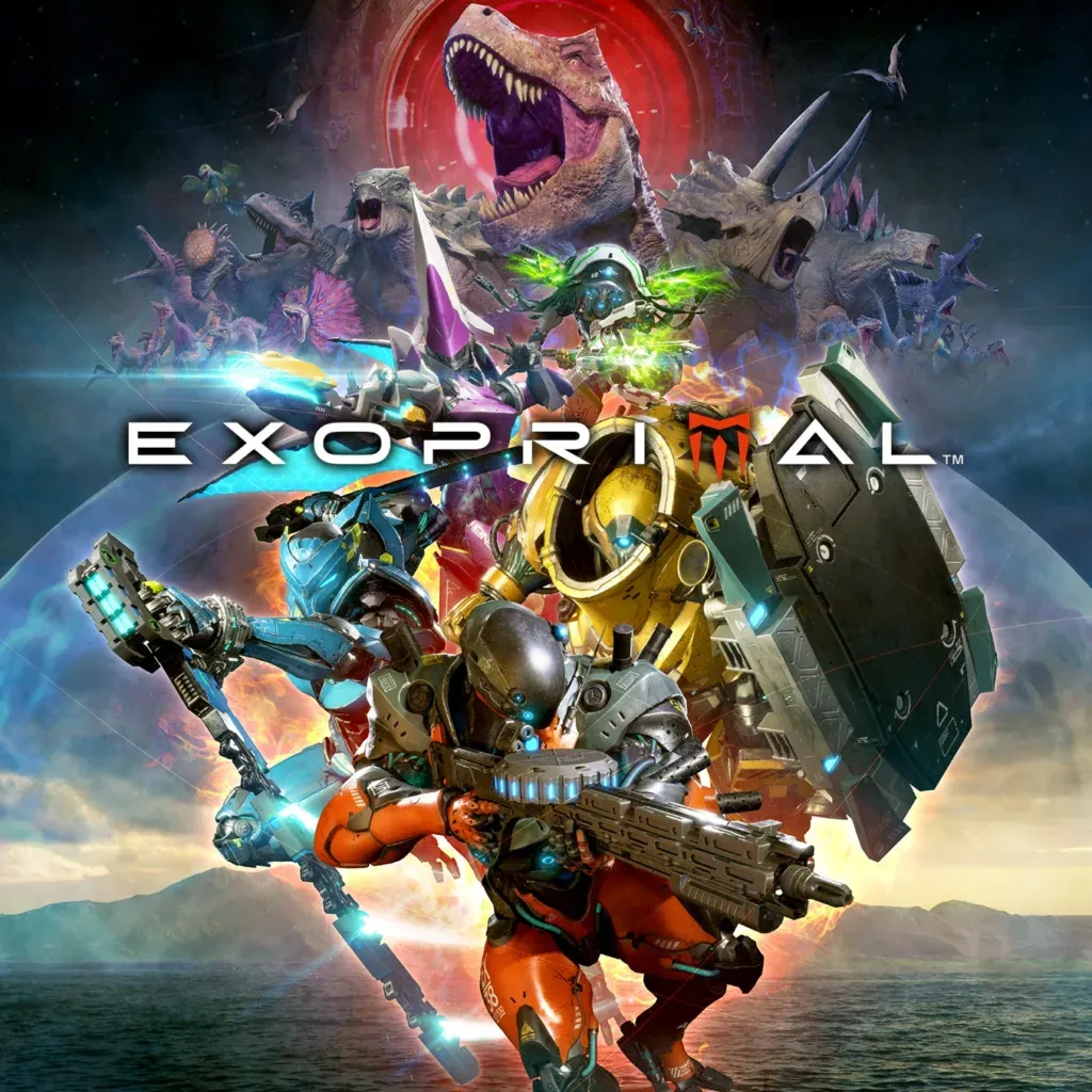 Cover art: three armoured exosuit soldiers with heavy guns, a wall of roaring dinosaurs and a T-rex behind