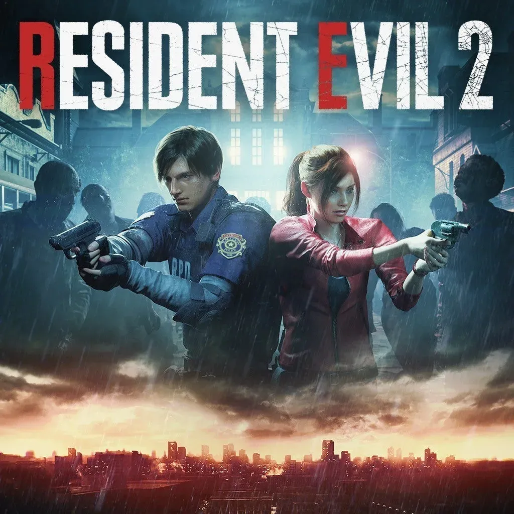 Cover art: two RPD officers back to back with pistols drawn as zombies close in through the rain